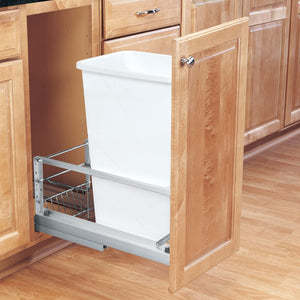 Rev-A-Shelf Double Pull Out Waste Container Storage with 2 27 Qt Trash Cans and Wire Basket for Kitchen Cabinets, White, 5349-1527DM-2