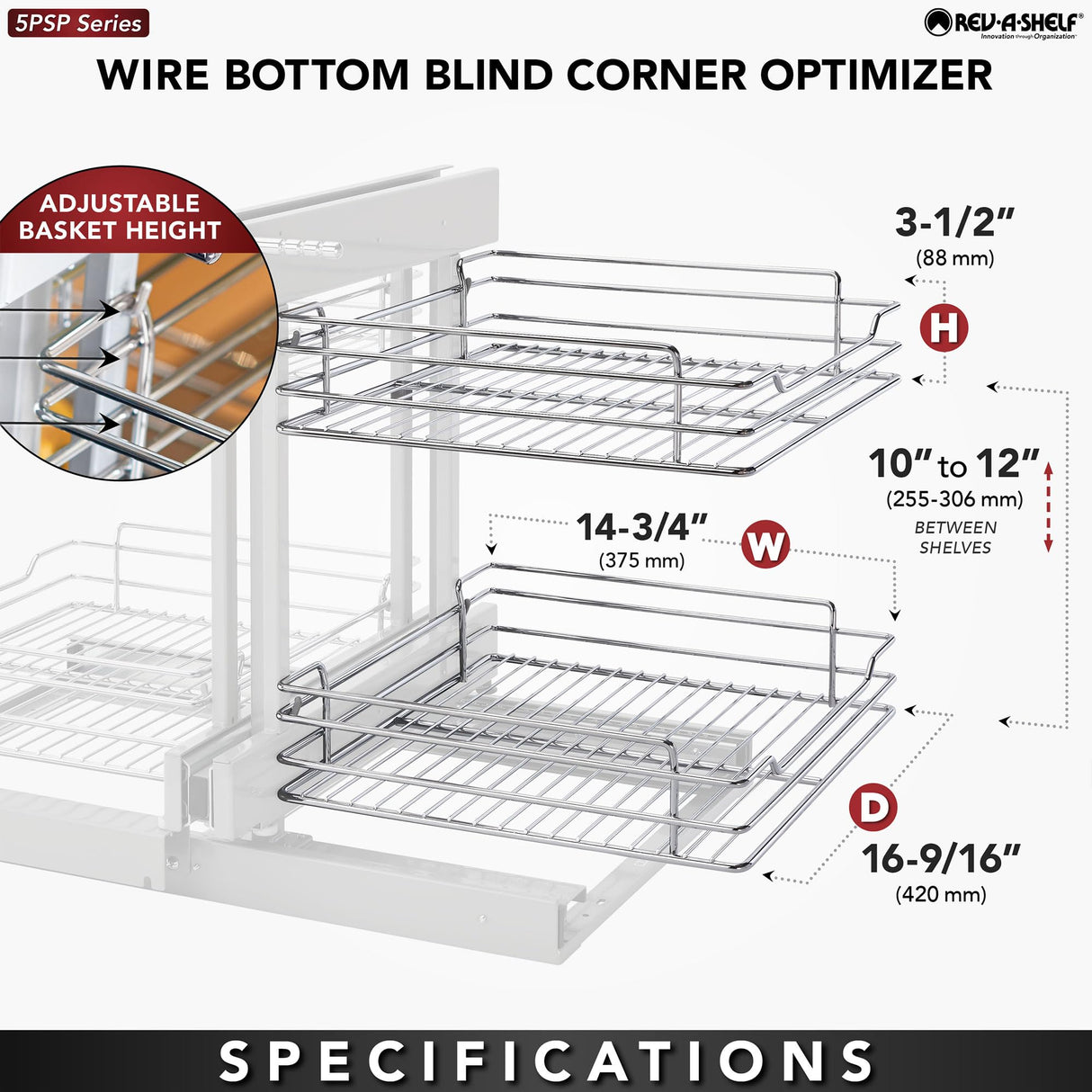 Rev-A-Shelf Dual Tier Pull Out Shelf Organizer for Blind Corner Kitchen or Bathroom Cabinets with Soft Close,15", 4 Shelves, Silver, 5PSP-15-CR