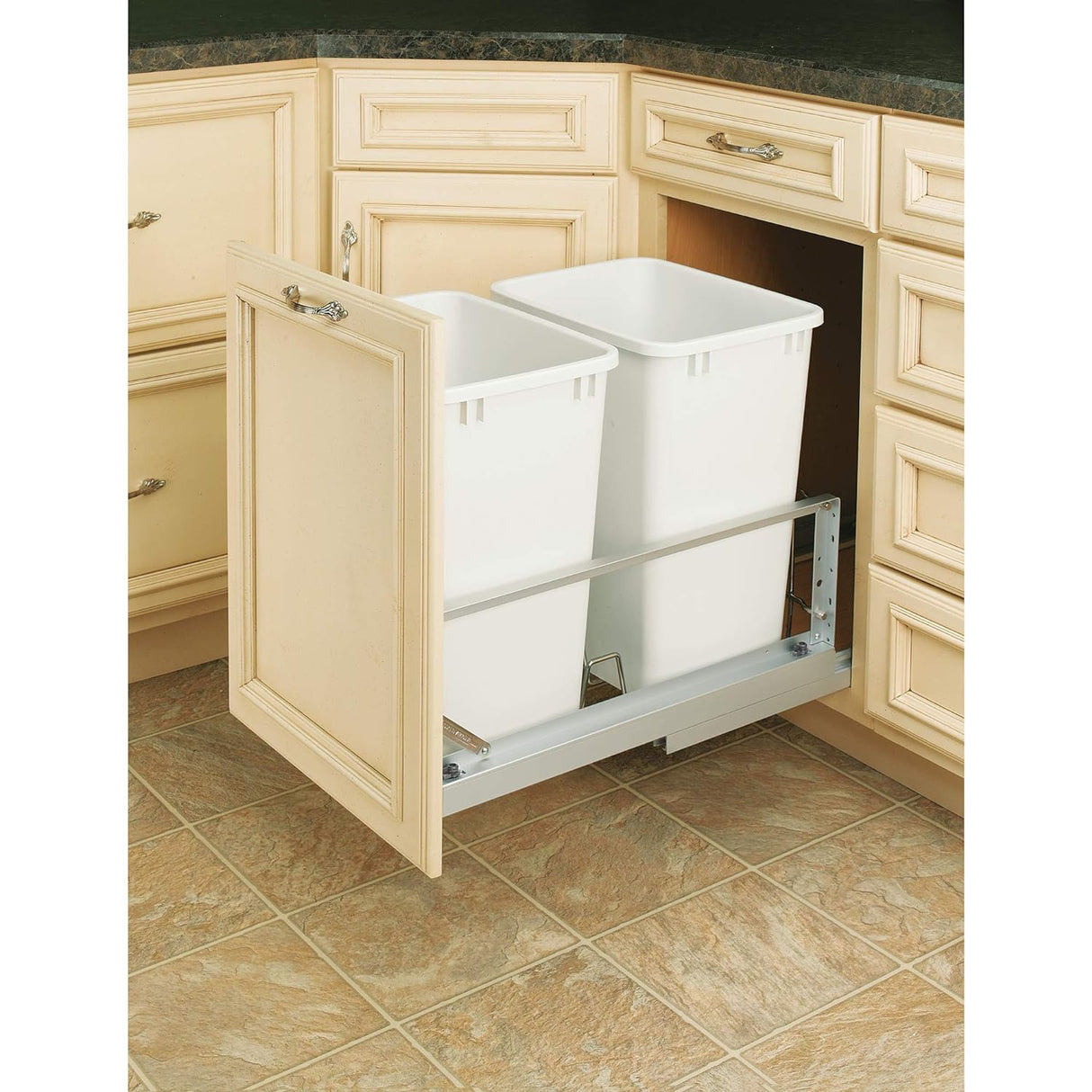 Rev-A-Shelf Double Pull Out Waste Container Storage with 2 27 Qt Trash Cans and Wire Basket for Kitchen Cabinets, White, 5349-1527DM-2