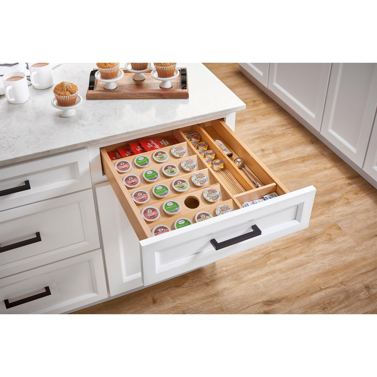 Rev-A-Shelf 16" K-Cup Coffee or Tea Pod Organizer, Pull Out Kitchen Draw Utensil Storage Organizer, Maple Wooden Insert for 30 Pods, 4CDI-18-KCUP-1