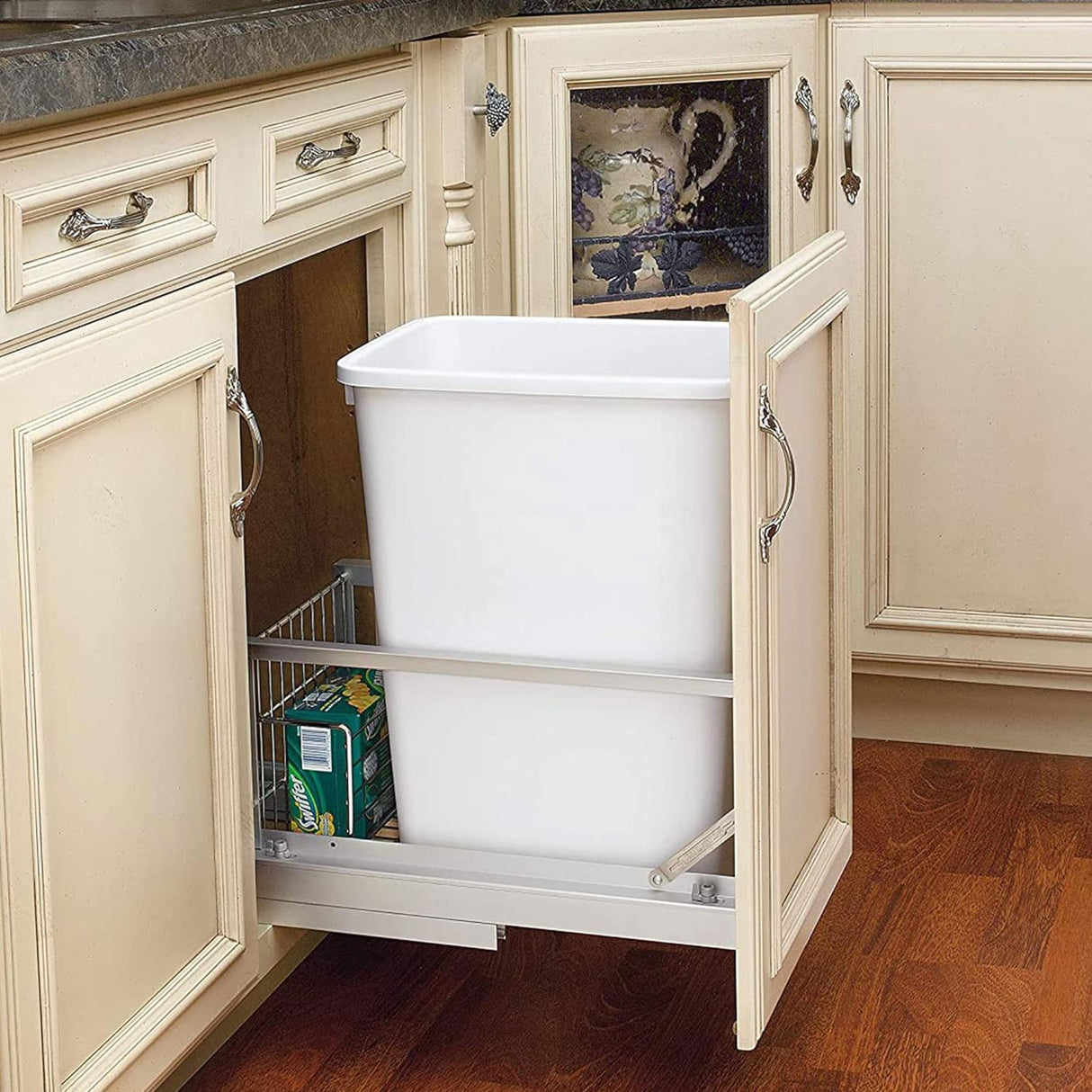 Rev-A-Shelf Double Pull Out Waste Container Storage with 2 27 Qt Trash Cans and Wire Basket for Kitchen Cabinets, White, 5349-1527DM-2