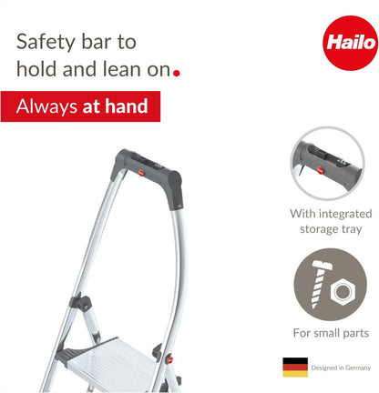 Hailo LivingStep Comfort Plus Aluminum 3 - Step Folding Stepladder with high Curved Safety bar and Storage Tray - KI Home